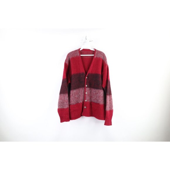 Vtg 50s Grunge Mens L Striped Mohair Knit Kurt Cobain Pocket Cardigan Sweater